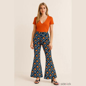 Women's ZARA Navy Flare Mod Retro Pants With Multicolor Geometric Pattern S